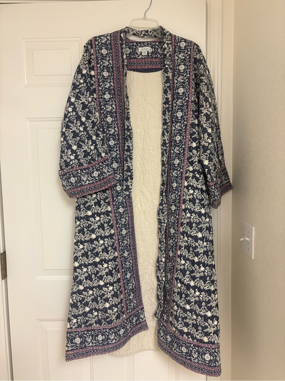 Sundance Navy and Cream Open-Front Boho Tile Cardigan/robe with Pink Trim